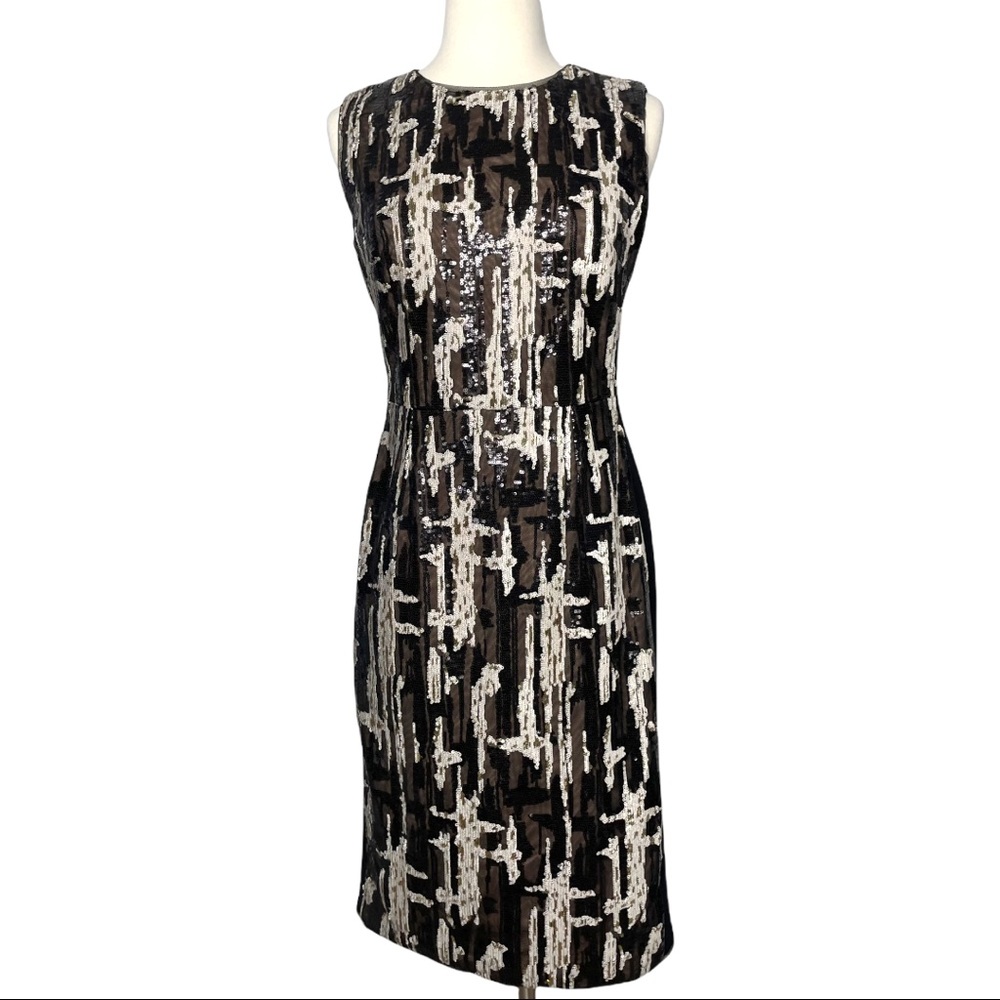 Bcbg sequined sleeveless shift dress black gold white sz 4